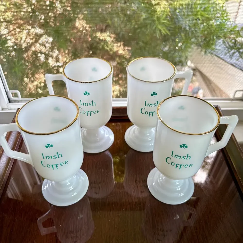 Vintage Irish Coffee Milk Glass Mugs Set of 4 Gold Rim, St. Patrick's Day